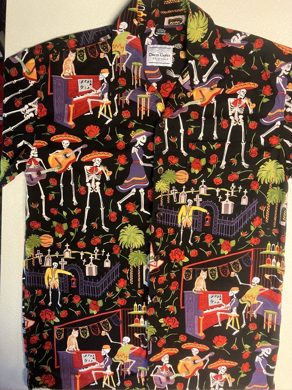 David Carey Originals Day Of The Dead Skeletons Hawaiian Shirt Size Medium